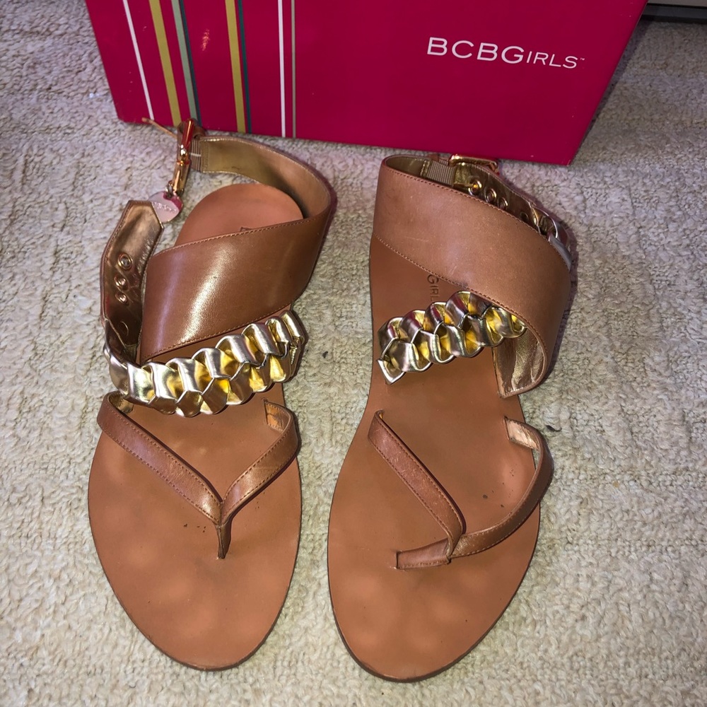 Bcbg gold ans leather ankle wrap around sandals